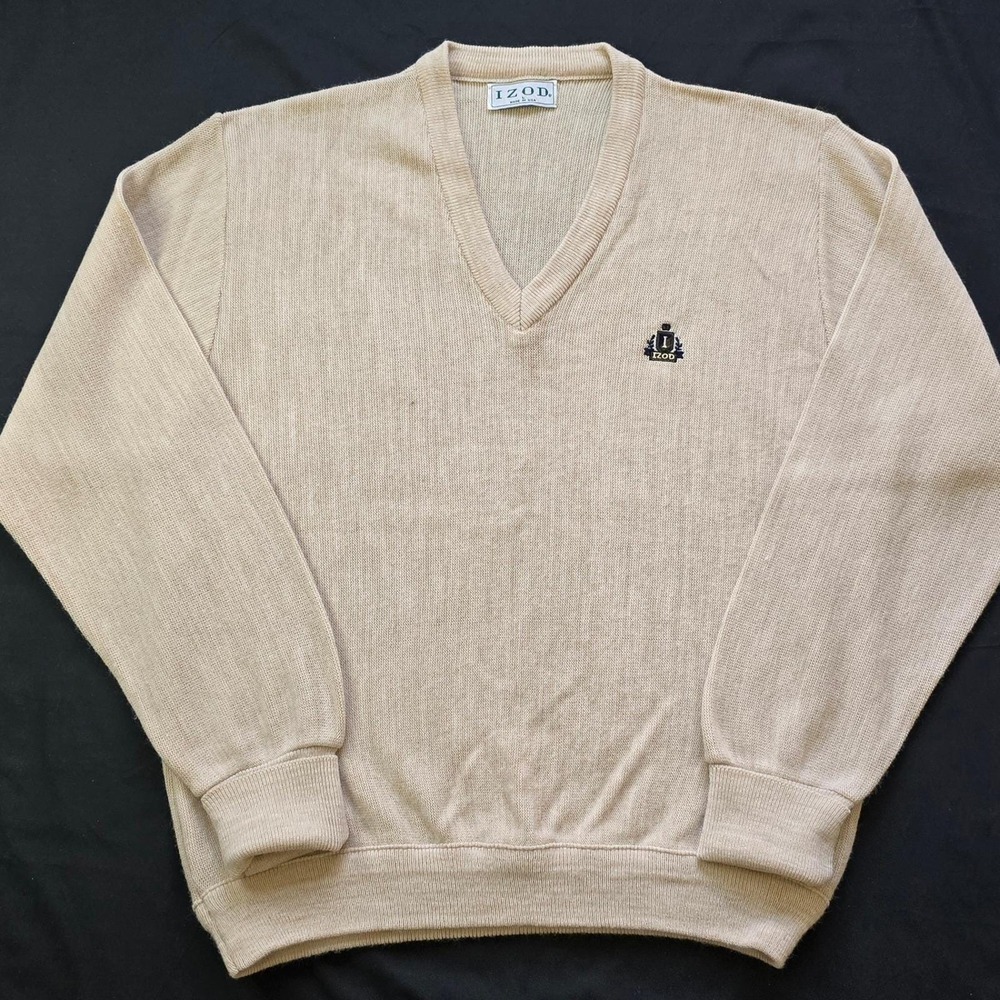 Vintage IZOD V-Neck Sweater Men's Size L Cream Made in USA Preppy Golf‎ Knit GVC